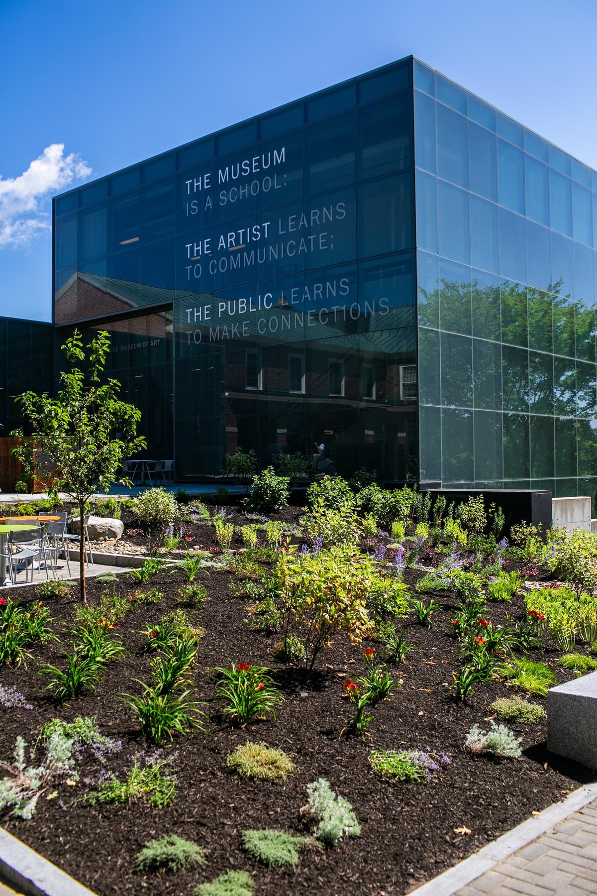 View of the Colby College Museum of Art building and the garden at its entrance.
