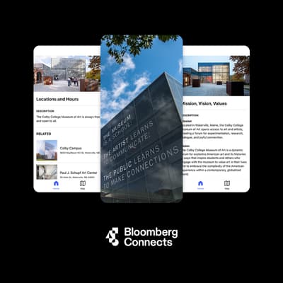Promotional graphic on a black background showcasing the Colby Museum’s digital guide on the Bloomberg Connects app. Three smartphone mockups display app interfaces featuring museum information, location details, and an image of the glass building facade with text by artist Glenn Ligon. The Bloomberg Connects logo is displayed at the bottom.