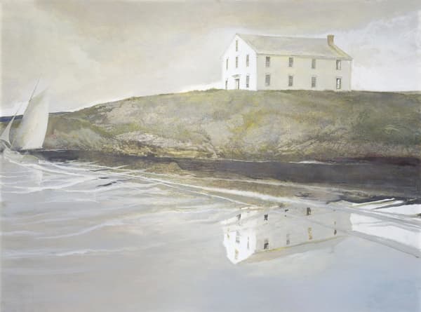 A realist painting depicts a large, two-story white house perched atop a grassy hill overlooking calm, glassy water that clearly reflects the building below. On the far left, a small sailboat with a prominent white sail glides near the shoreline under a heavy, overcast sky. The composition features a highly muted, desaturated palette of grays, whites, and earthy greens, creating a quiet and serene atmosphere.
