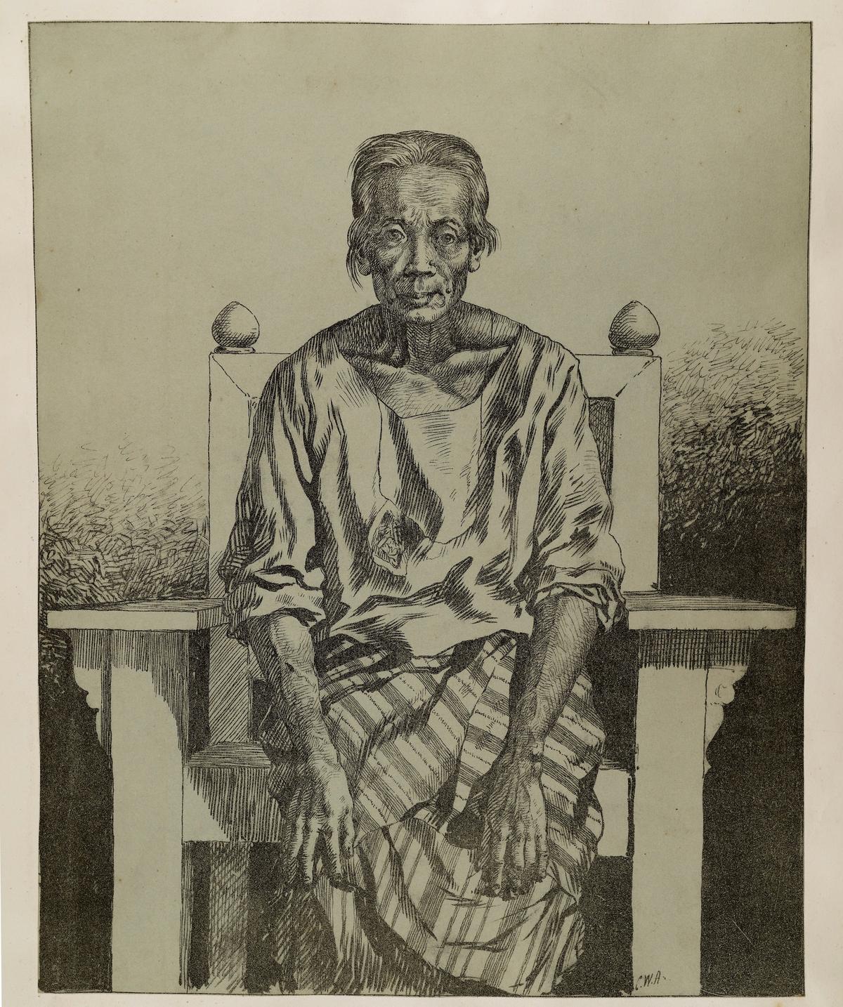 Detailed engraving portrait of an elderly person seated frontally in a large wooden chair with finials. The figure wears a simple loose shirt and a patterned, striped sarong or wrap around their lap, resting their hands on their legs against a shaded, crosshatched background.