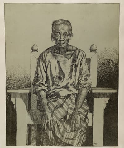 Detailed engraving portrait of an elderly person seated frontally in a large wooden chair with finials. The figure wears a simple loose shirt and a patterned, striped sarong or wrap around their lap, resting their hands on their legs against a shaded, crosshatched background.