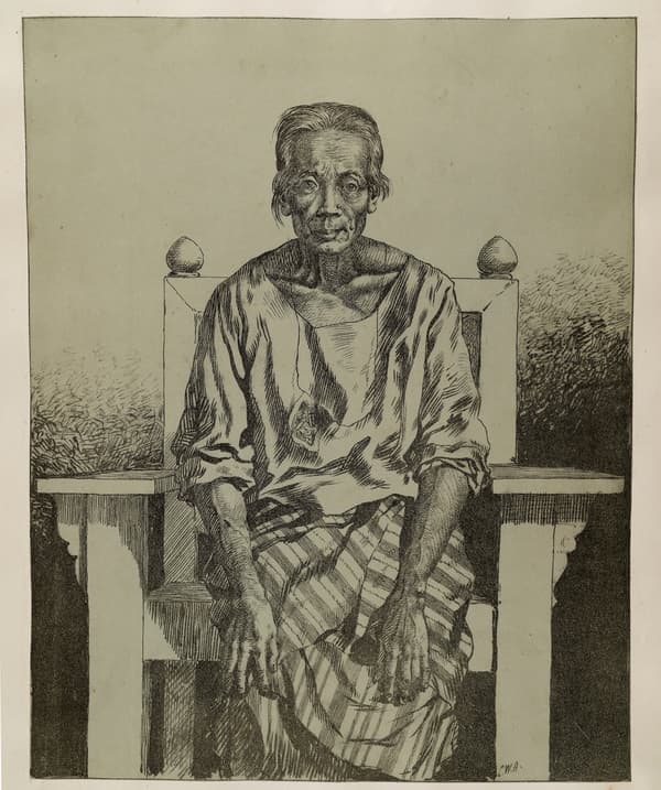 Detailed engraving portrait of an elderly person seated frontally in a large wooden chair with finials. The figure wears a simple loose shirt and a patterned, striped sarong or wrap around their lap, resting their hands on their legs against a shaded, crosshatched background.