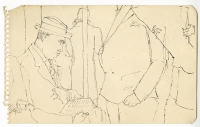 Sketch on sheet of paper with visible perforation marks along the left edge. On the left, a man wearing a fedora and a suit jacket leans forward, focusing on a newspaper held in his hands. To his right, the partial figures of other commuters are suggested, including the torso of a person in a double-breasted coat and a hand gripping a vertical subway pole in the background.