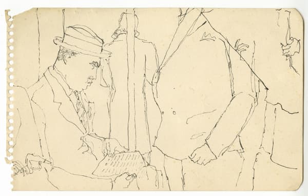 Sketch on sheet of paper with visible perforation marks along the left edge. On the left, a man wearing a fedora and a suit jacket leans forward, focusing on a newspaper held in his hands. To his right, the partial figures of other commuters are suggested, including the torso of a person in a double-breasted coat and a hand gripping a vertical subway pole in the background.