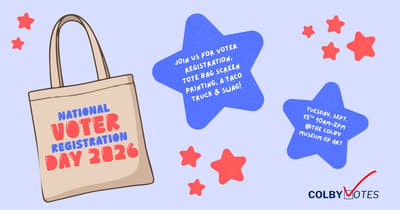 Illustration of a tote bag reading, "National Voter Registration Day 2026", surrounded by stars and event information.