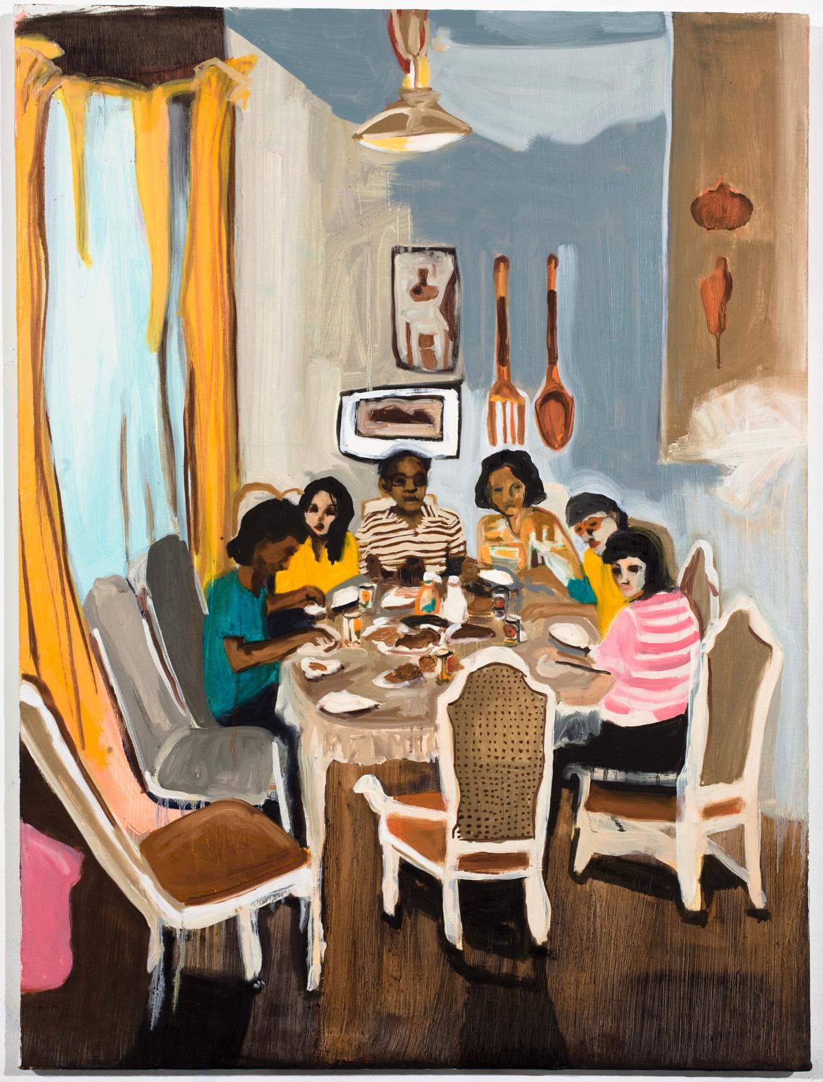 Painting by Palileo Maia Cruz of a group of people sitting around a dining table and having a meal.
