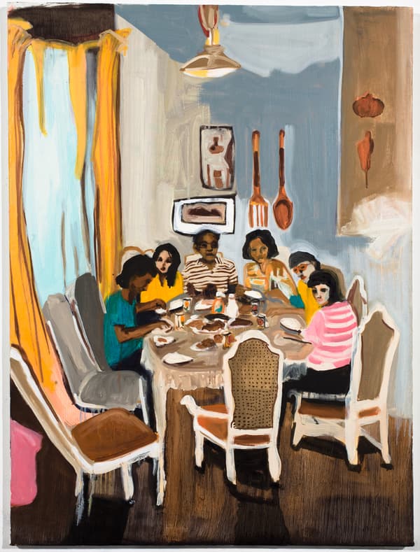 Painting by Palileo Maia Cruz of a group of people sitting around a dining table and having a meal.