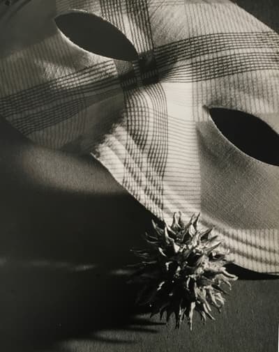 Black-and-white close-up still life photograph featuring a checkered fabric mask resting diagonally in the upper portion of the frame. In the foreground below, a spiky, spherical seed pod casts a distinct shadow across a dark, textured surface.