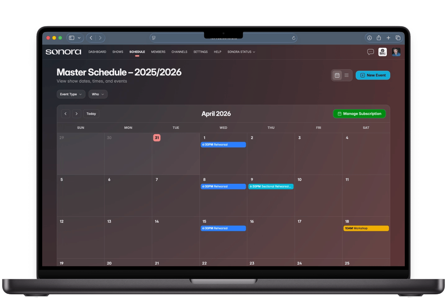 Schedules & Events additional view
