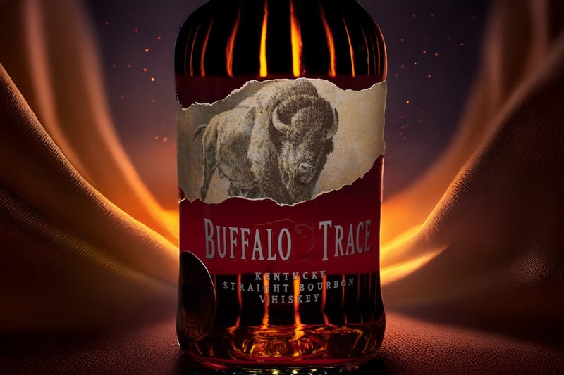Buffalo Trace label lit from behind by firelight, the bison crest glowing amber against darkness