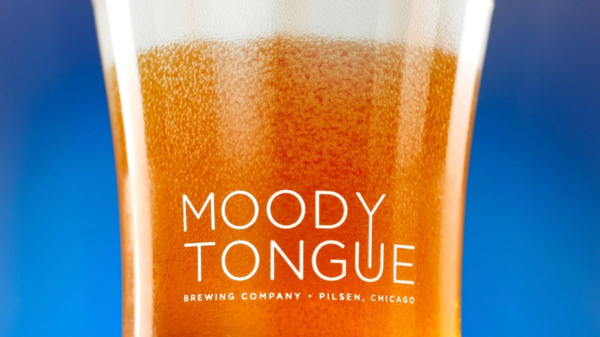 Moody Tongue pint glass filled to the brim, tight on the amber beer and rising foam against a cobalt background