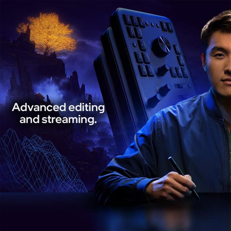 An advertisement showing a young man at a large monitor under the line Advanced editing and streaming