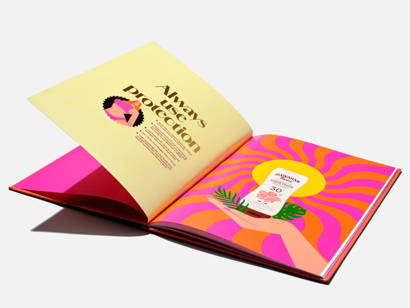 Hawaiian Tropic booklet lying open on white, bright orange and pink illustrated spread with a product callout