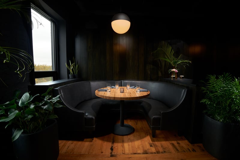 A dark dining room with a curved booth under a single pendant light, plants either side