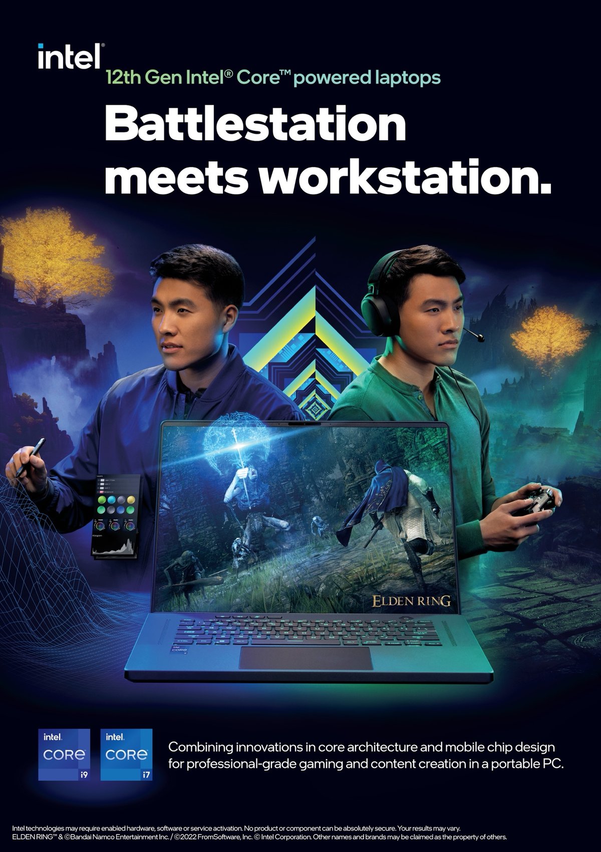 An Intel advertisement showing two young men either side of a gaming laptop under the line Battlestation meets workstation