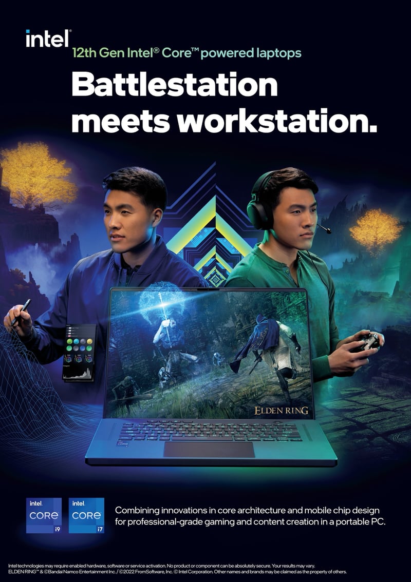 An Intel advertisement showing two young men either side of a gaming laptop under the line Battlestation meets workstation