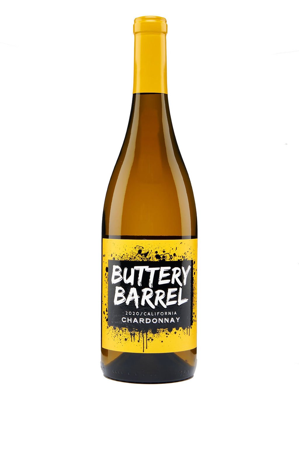 A bottle of Buttery Barrel chardonnay with a bright yellow label, upright on white