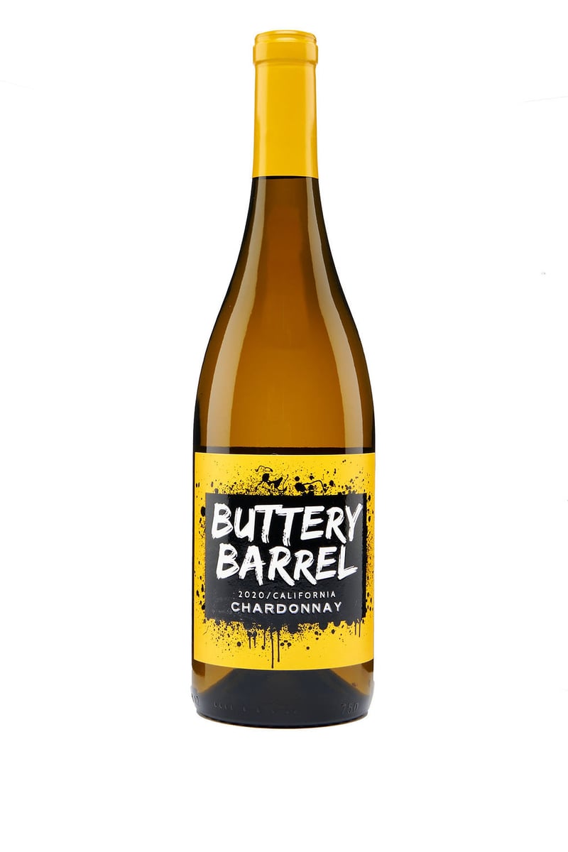 A bottle of Buttery Barrel chardonnay with a bright yellow label, upright on white