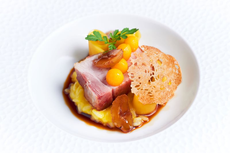 A plated pork dish with squash purée and a crisp garnish on a white plate