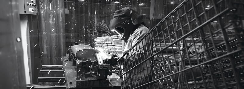 A high-contrast black and white industrial scene of steel structure and shadow