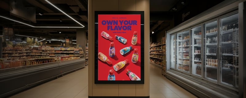 A supermarket chilled aisle with a lit Coffee Mate display screen mounted between the cabinets
