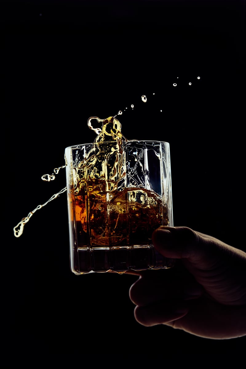 A hand holds a tumbler of whisky as liquid and ice burst upward out of the glass, shot against black
