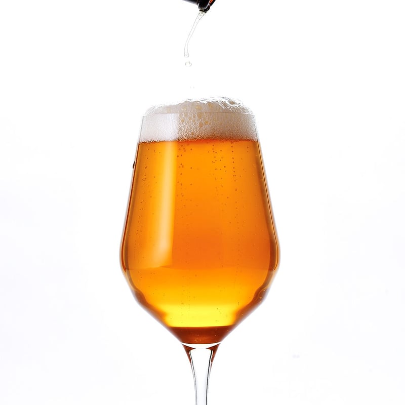 A stemmed glass of amber beer with a thick head, photographed against white