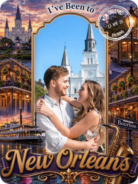 Printed iBeenTo New Orleans custom travel magnet with destination art, photo frame, and city landmarks