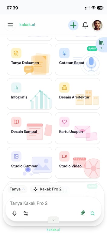 Halaman utama kakak.ai — bubble Infografis di baris kedua, kolom pertama