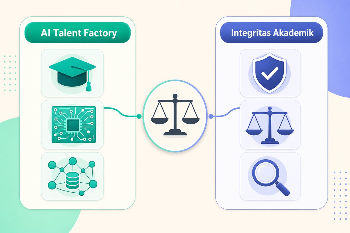 Infografis perbandingan AI Talent Factory vs Integritas Akademik: kampus sebagai pusat talenta AI di satu sisi, dan tantangan integritas akademik di sisi lain