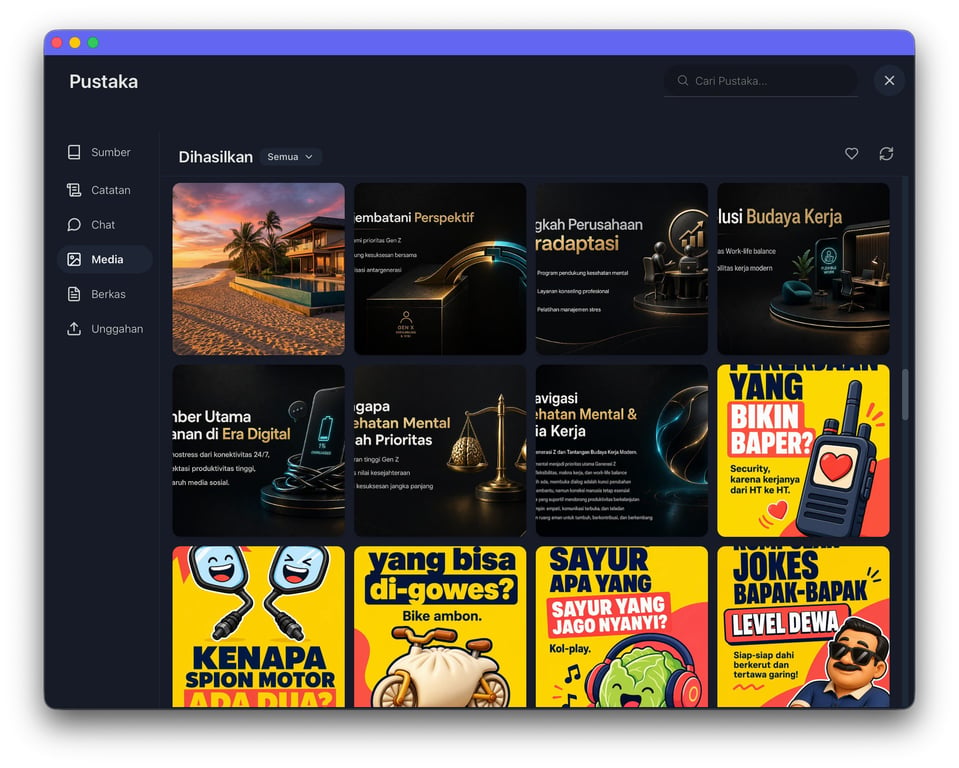 Tampilan Pustaka kakak.ai — tab Media dengan grid thumbnail