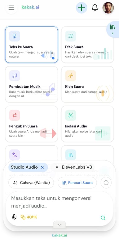 Fitur Teks ke Suara di kakak.ai — ubah teks jadi voiceover natural