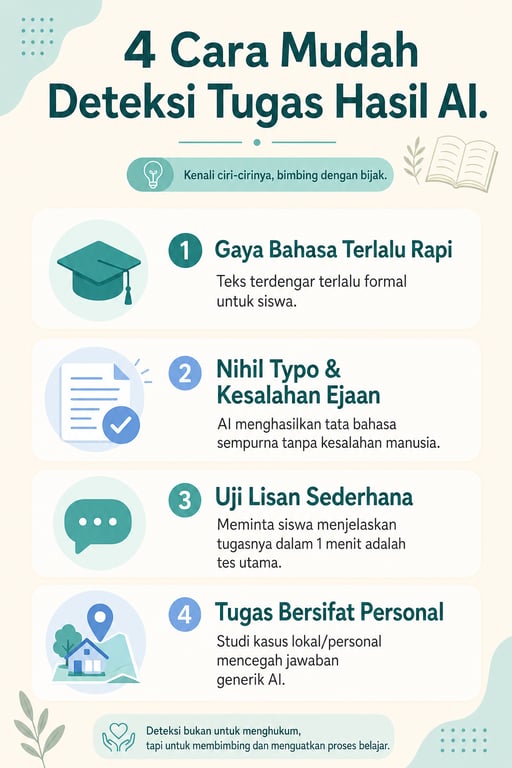 Infografis 4 cara mudah mendeteksi tugas hasil AI: gaya bahasa terlalu rapi, nihil typo, uji lisan sederhana, dan tugas bersifat personal