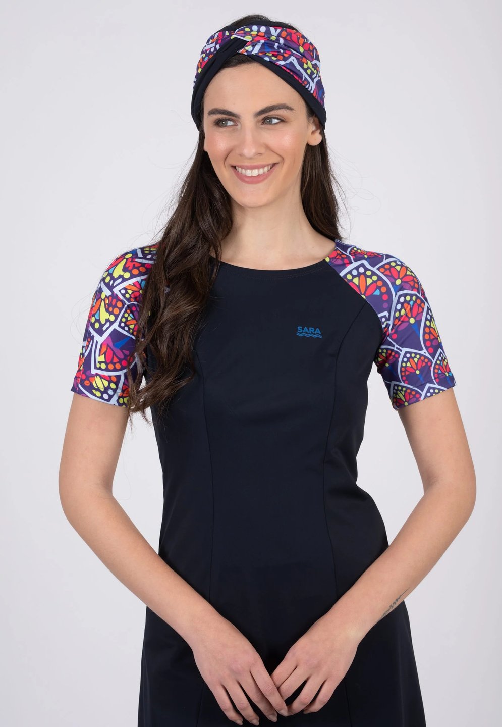 טוניקה שרוול קצר עלים צבעוניים לשחייה וספורט - Thumbnail 5