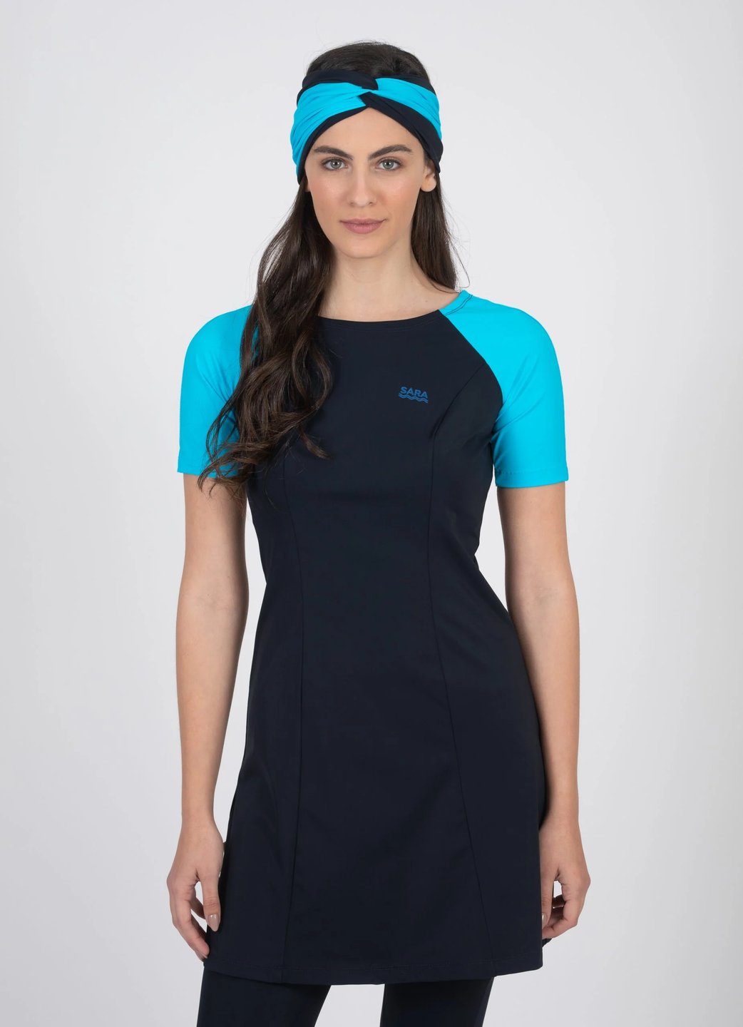 טוניקה שרוול קצר כחול כהה ותכלת לשחייה וספורט - Thumbnail 3