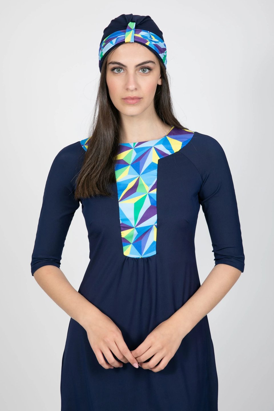 Blue Ethnic Geometric Modest Swimwear - Thumbnail 2