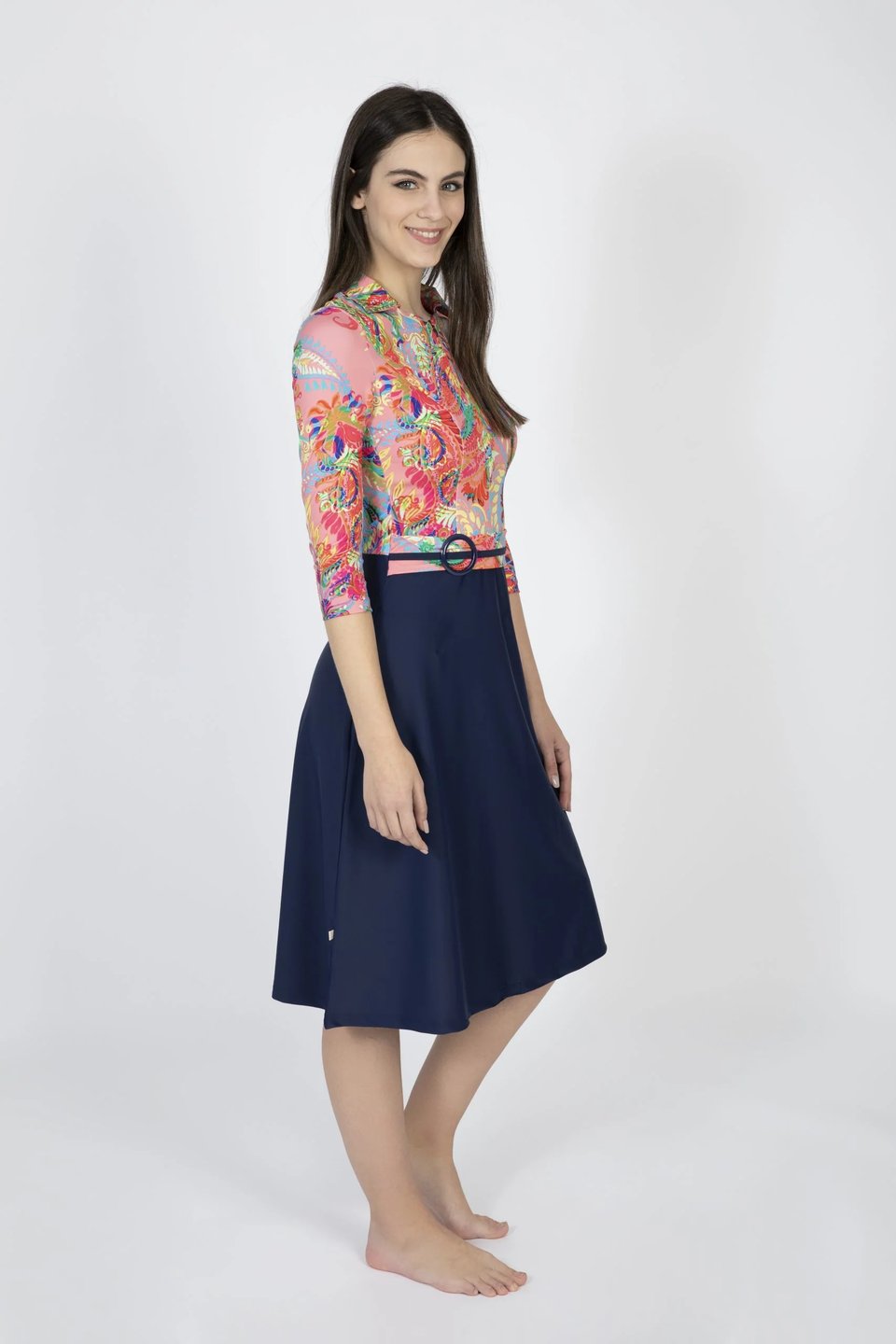 שמלת טורבן לשחייה כחול וקשמיר ורוד - Thumbnail 3