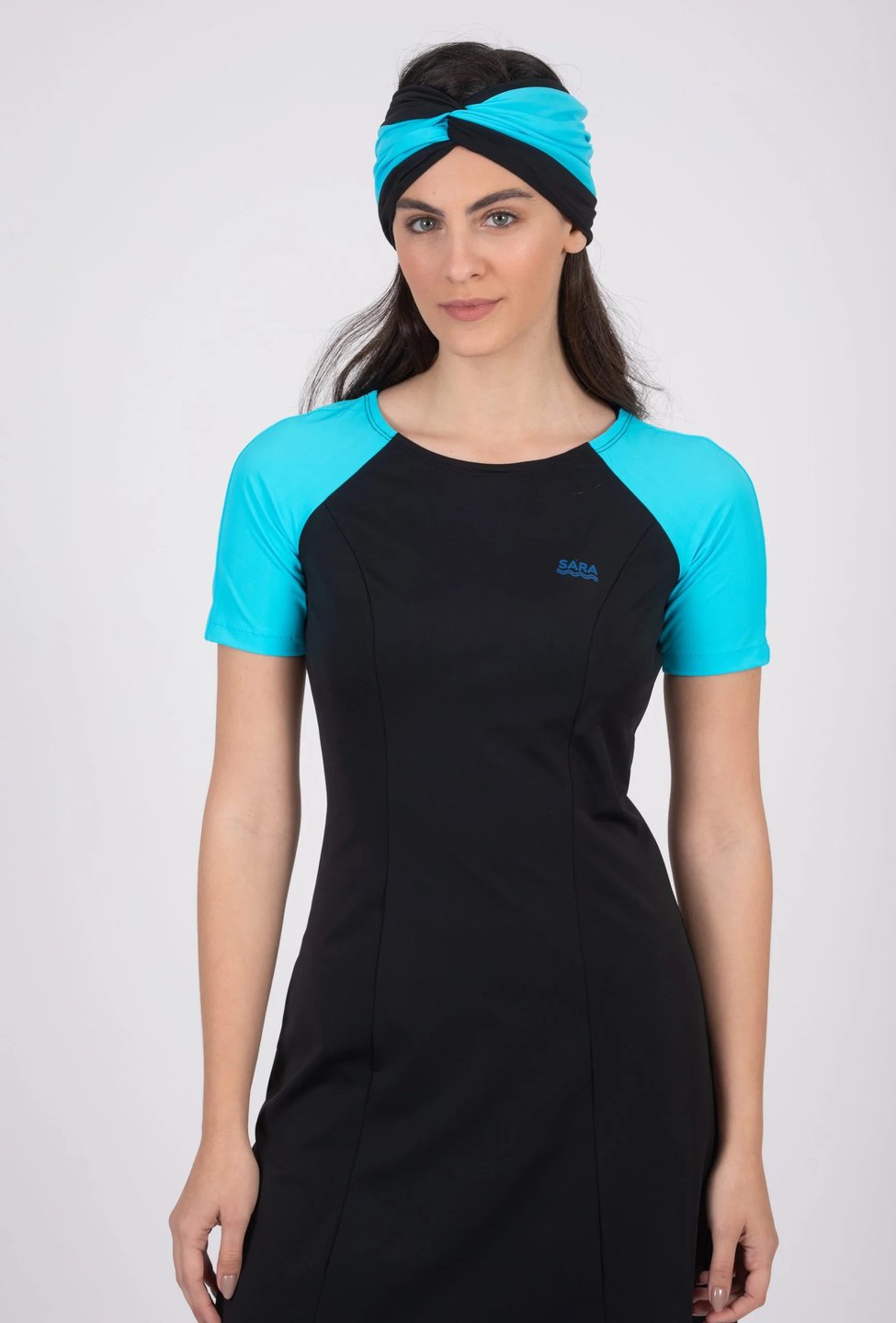 Black and Light Blue Short Sleeve Tunic in Sizes for Swim and Sport - Thumbnail 3