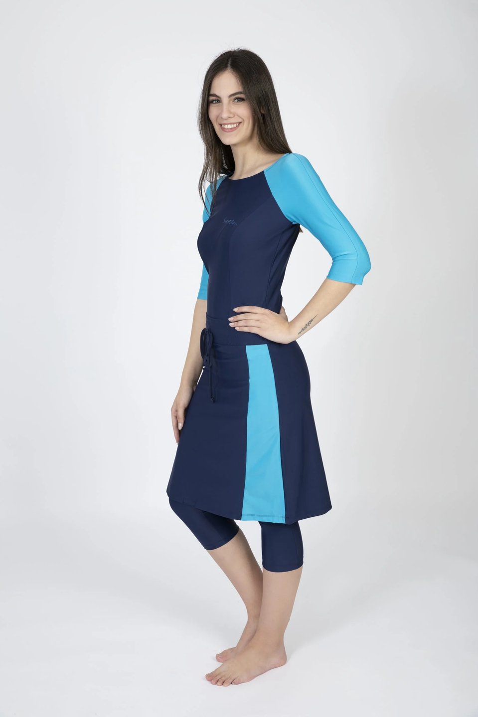 סט שחייה שלושה חלקים ארוך כחול כהה עם תכלת - Thumbnail 5