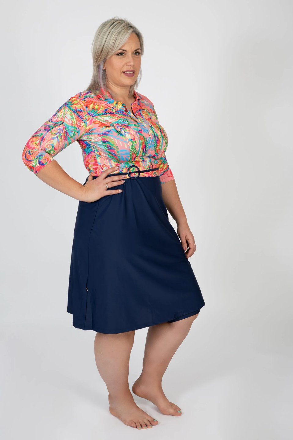 שמלת טורבן לשחייה כחול וקשמיר ורוד - Thumbnail 7