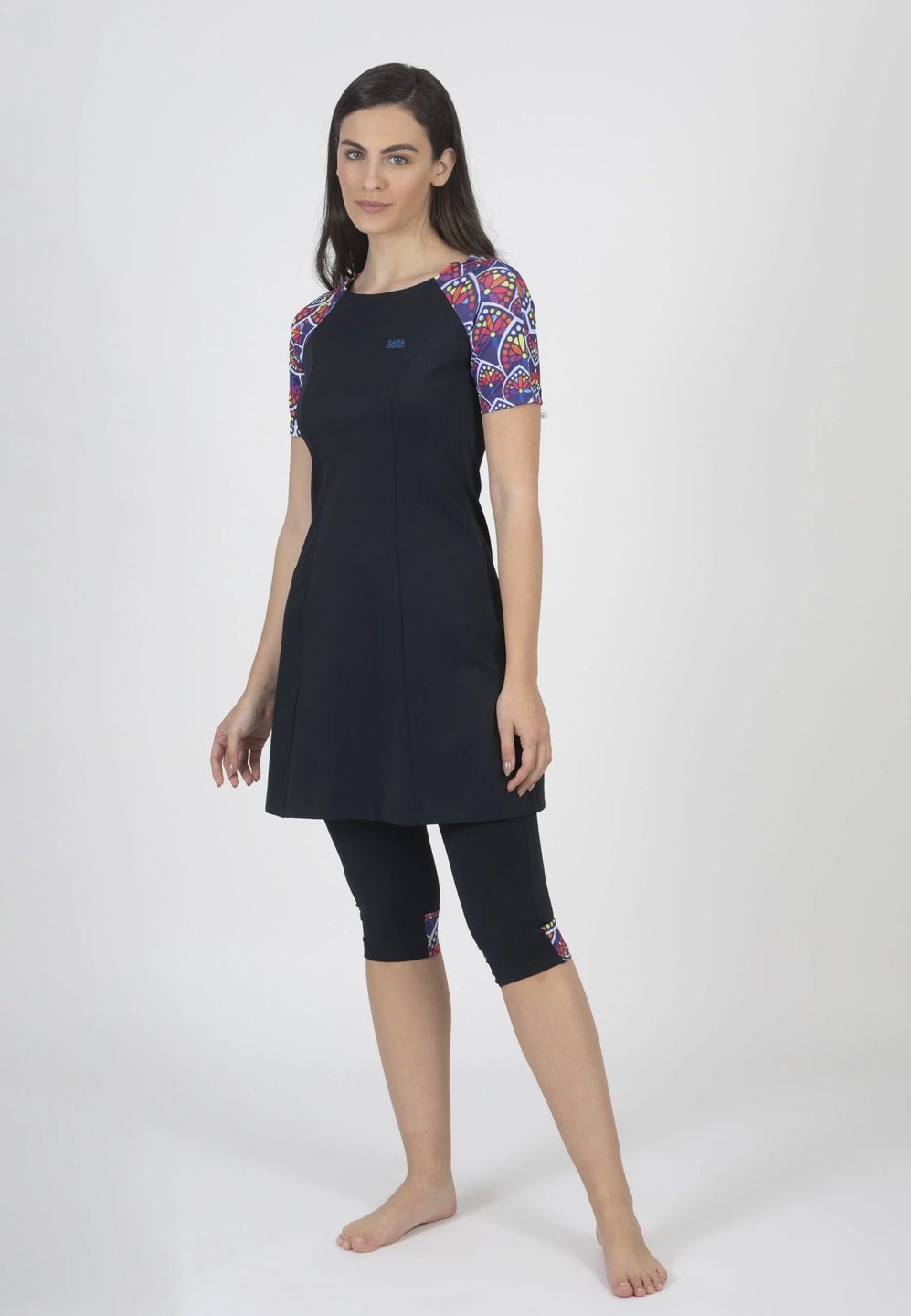 טוניקה שרוול קצר עלים צבעוניים לשחייה וספורט - Thumbnail 3