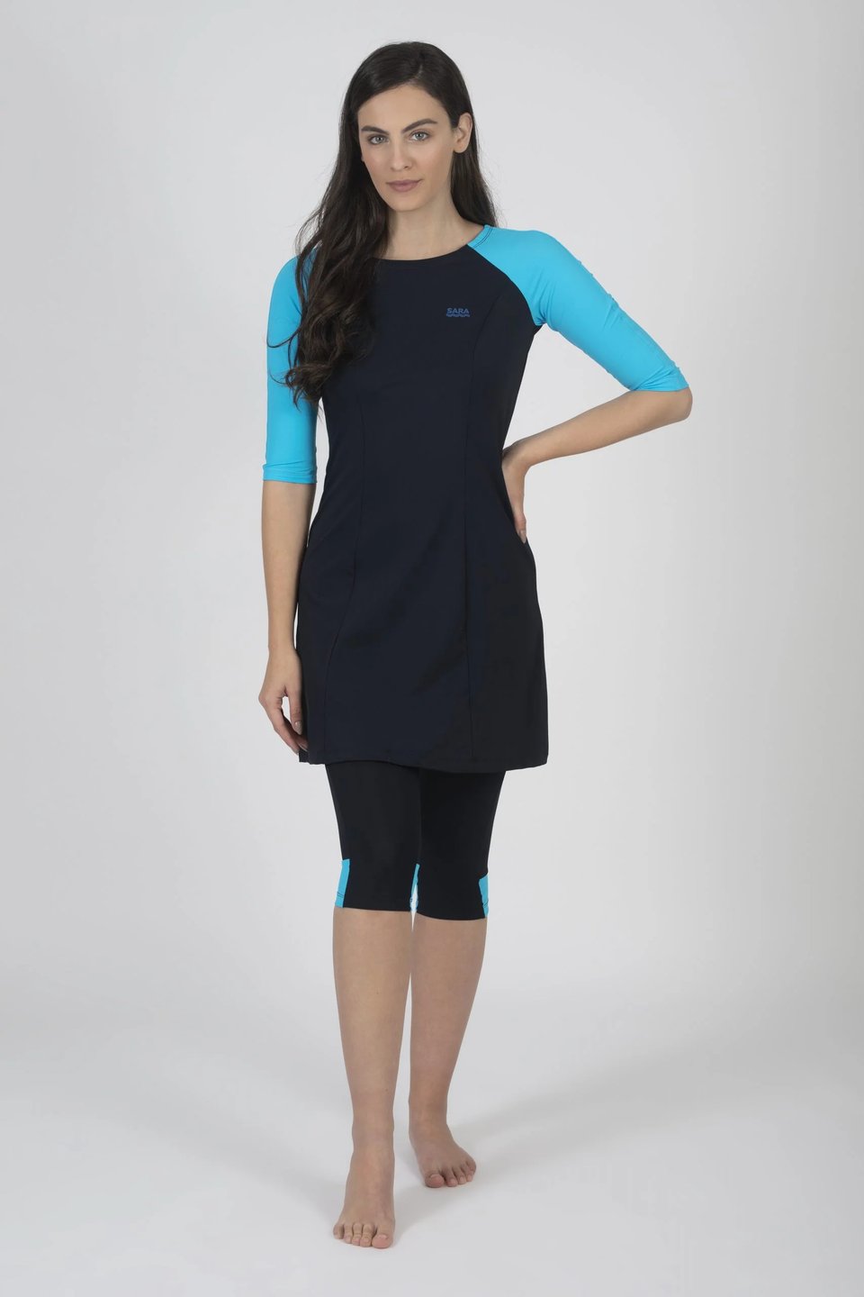 Black and Light Blue Long Sleeve Tunic for Swim and Sport - Thumbnail 3
