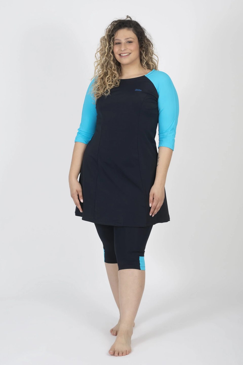 Black and Light Blue Long Sleeve Tunic for Swim and Sport - Thumbnail 4