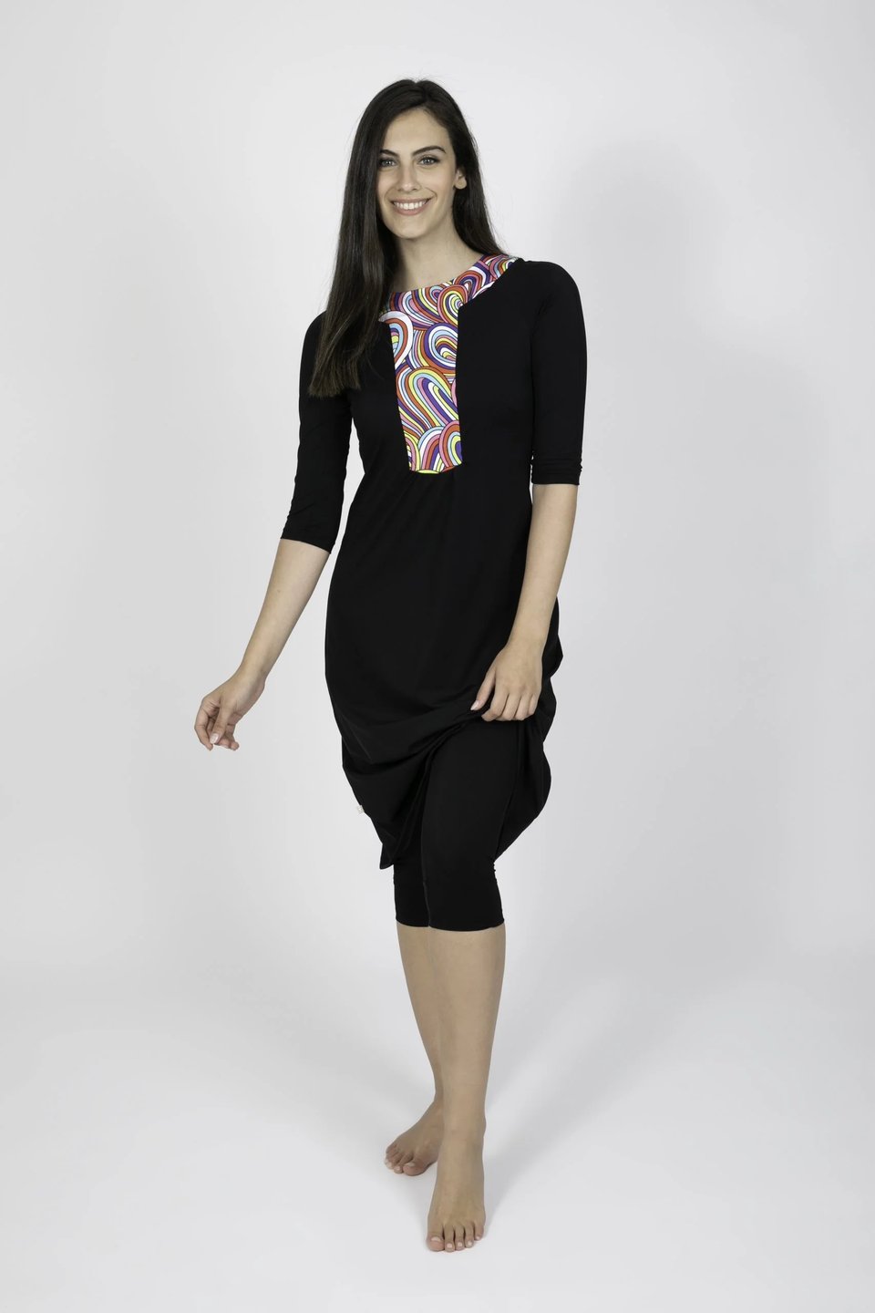 Black Ethnic Modest Swimwear with Colorful Rainbow Pattern - Thumbnail 2