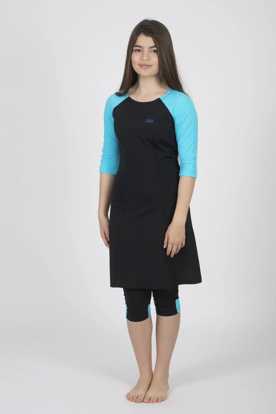 Black and Light Blue Long Sleeve Tunic for Swim and Sport - Thumbnail 5