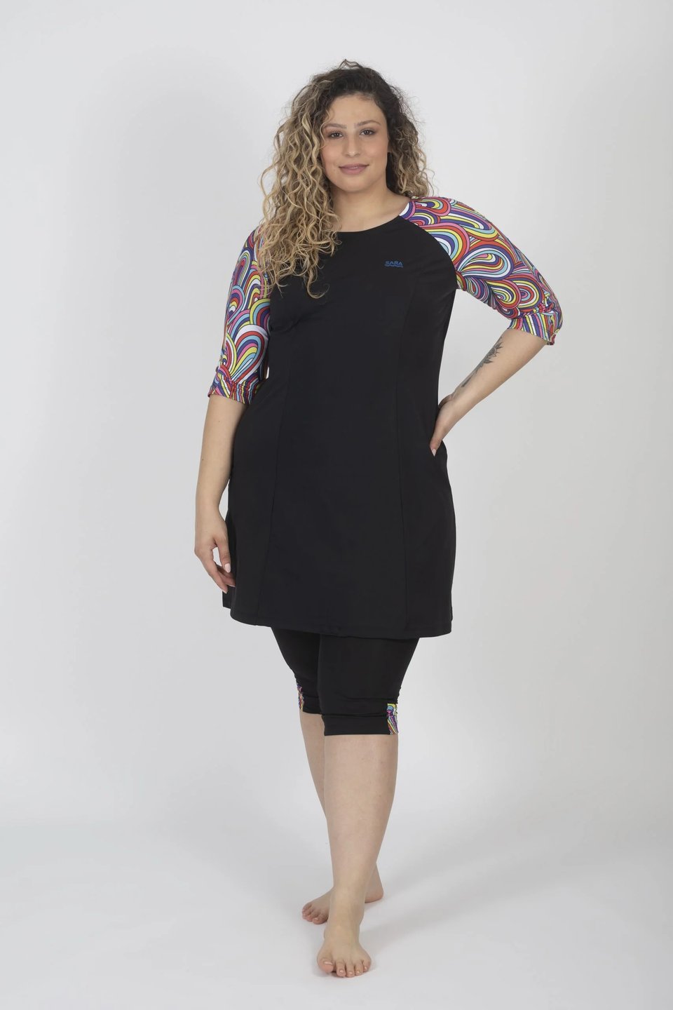 טוניקה שרוול ארוך קשתות צבעוניות לשחייה וספורט - Thumbnail 3