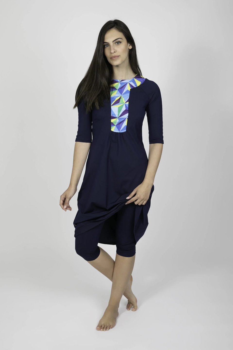 Blue Ethnic Geometric Modest Swimwear - Thumbnail 3