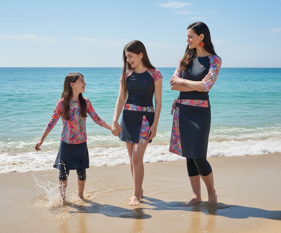Woman enjoying beach day in modest swimwear