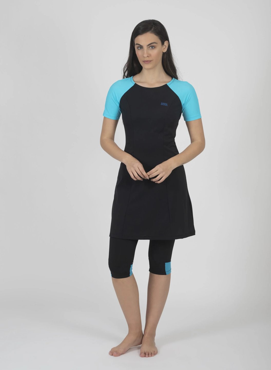 Black and Light Blue Short Sleeve Tunic in Sizes for Swim and Sport alternate view
