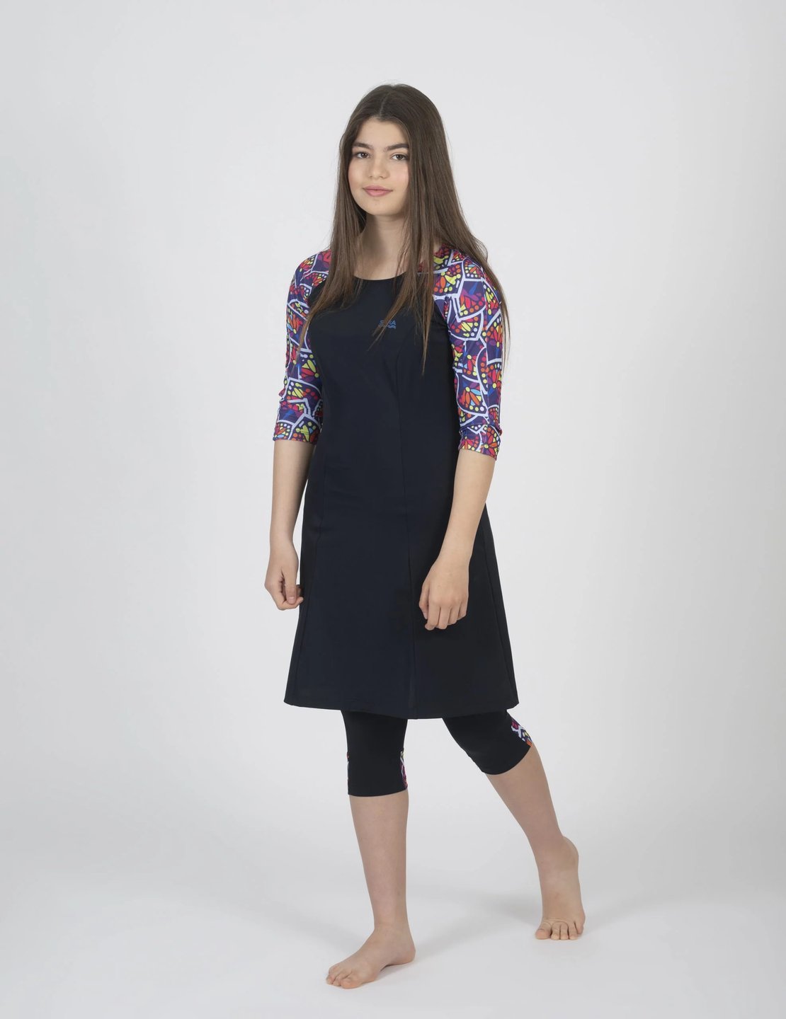 טוניקה שרוול ארוך עלים צבעוניים לשחייה וספורט - Thumbnail 6